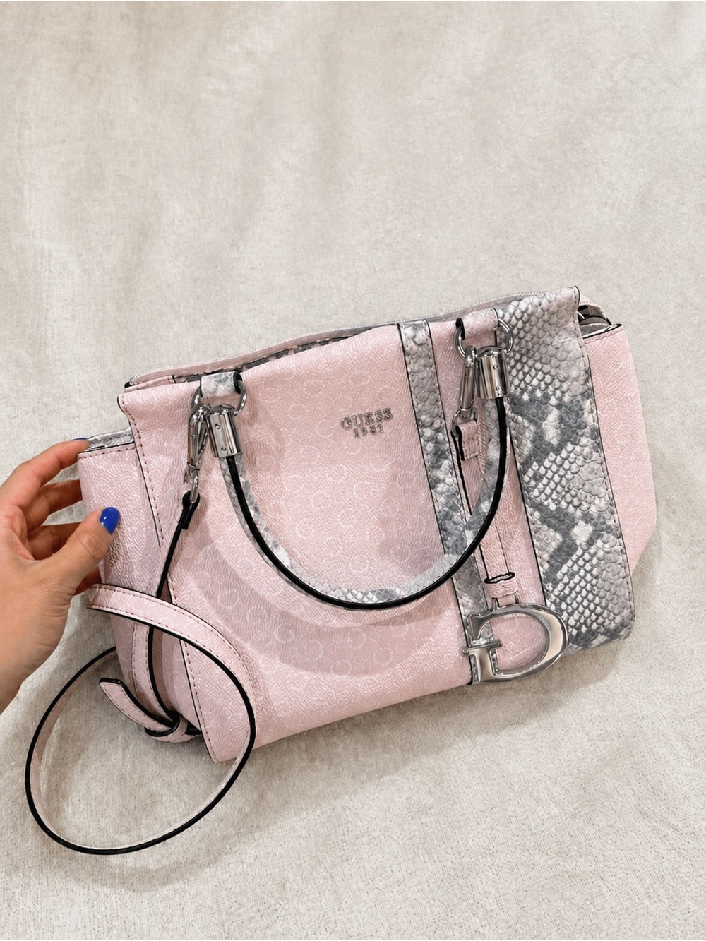 GUESS Light Blush Pink Satchel / Crossbody  with Gray Snake-Print Trim